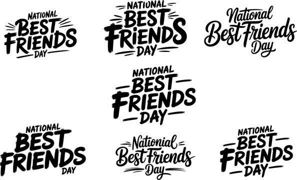 National Best Friends Day typography logo set with eight black lettering variations in bold, brush, and script styles, perfect for friendship celebrations, greeting cards, social media campaigns