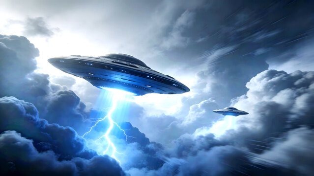 Futuristic UFO with blue energy beams flying through dramatic cloudy sky