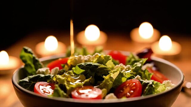 A plate of fresh mixed greens and halved cherry tomatoes being drizzled with dressing, set against a warm ambiance with candles