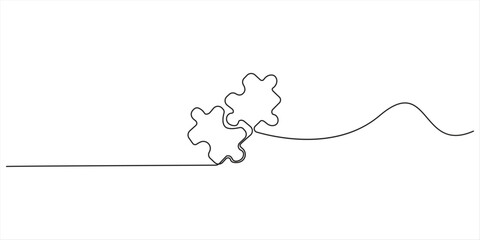 Puzzle vector illustration of continuous one line art design, Continuous one line drawing of puzzle Puzzle icon line continuous drawing vector. One line Conundrum icon vector background. Team work  © SS line art