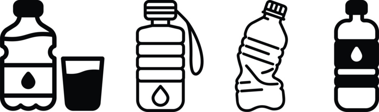 Plastic bottle black icon set . Vector flat style signs of drinking water or bottled water beverage template design elements, Natural and healthy lifestyle concept, isolated on transparent background,