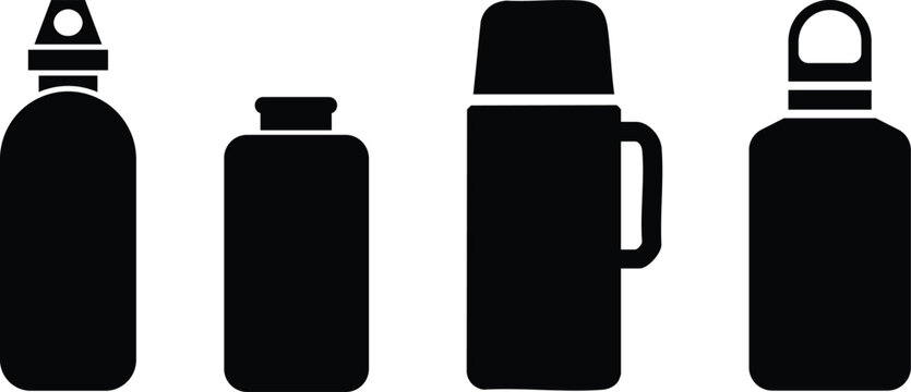 Plastic bottle black icon set . Vector flat style signs of drinking water or bottled water beverage template design elements, Natural and healthy lifestyle concept, isolated on transparent background,