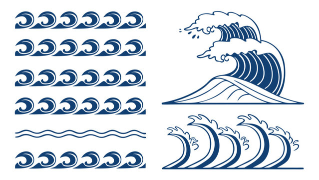Vector illustration of various blue ocean sea wave patterns and a large crashing wave with crashing, abstract