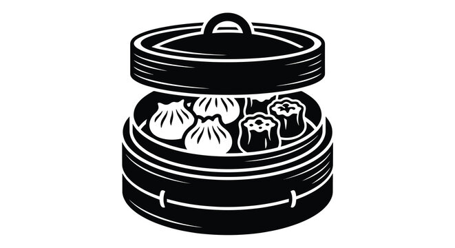 Asian dim sum steamer silhouette traditional dumplings in bamboo basket vector illustration