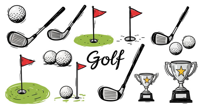 Hand-Drawn Golf Equipment and Trophy Icon Set
