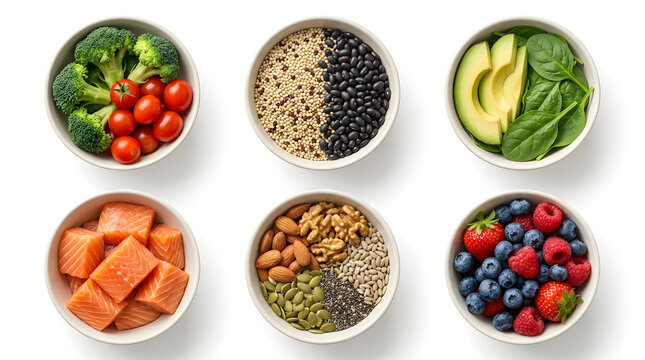 Variety of healthy food bowls with salmon, berries, grains, and vegetables.