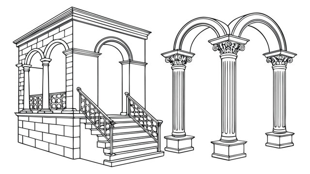 Vector illustration of classical architecture elements including a vaulted pavilion and arched columns