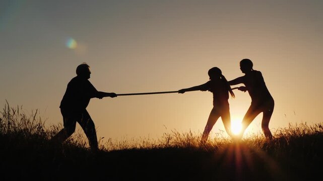 Silhouettes of people tugging on rope in field at sunset, team working together for success, active outdoor recreation.