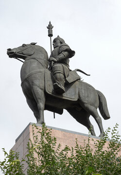 ULAN-UDE, RUSSIA - SEPTEMBER 05, 2025: Monument to Abai Geser. A sculptural composition dedicated to the hero of the Buryat heroic epic. Ulan-Ude (vertical)