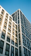 Fototapeta premium Modern Architectural Marvel - A High-Rise Building Against a Clear Blue Sky.