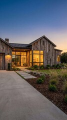Fototapeta premium Rustic Modern Home Exterior at Dusk with Warm Lighting and Concrete Pathway.
