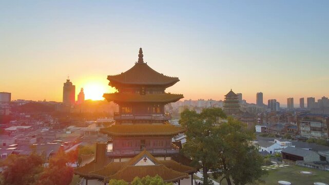 Sunset over Xi'an Bell Tower and city skyline in China in Xi an, China