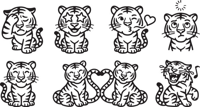 Set of cute tiger characters expressing different emotions in a simple black and white line art sticker style graphic illustration