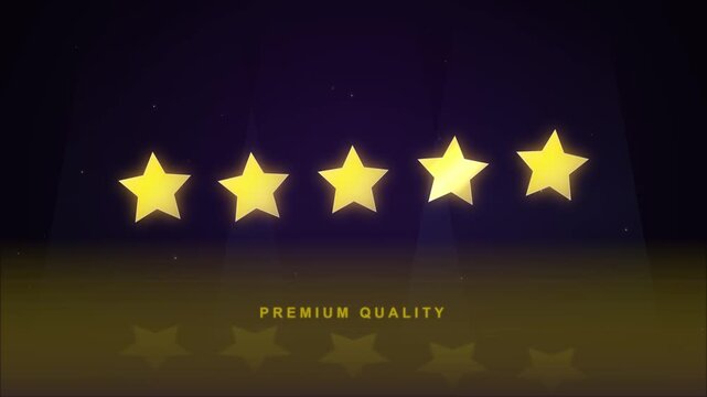 Five glowing gold stars rating animation with premium quality text on a dark background for customer feedback and excellence