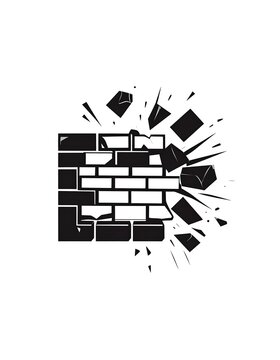 Black and white illustration of a brick wall breaking apart on a white background