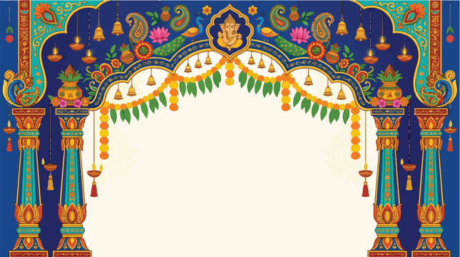 Decorative Indian archway with Ganesha, peacocks, and floral garlands for cultural celebration