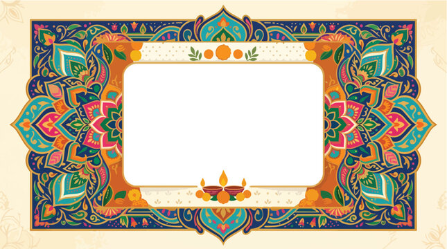 Ornate Indian mandala border design with diya lamps and floral elements for festive celebration