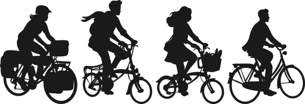 black silhouettes of modern city cyclists. Includes a touring cyclist with pannier bags, commuter riders on folding bikes with baskets, and an urban city bike rider.