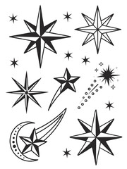 Obraz premium Vector illustration of celestial stars and shooting comet icons with celestial astronomy shooting ornament