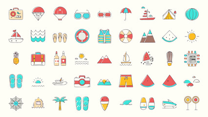 travel icons set line art style colorful summer theme © MihirKumarMondal