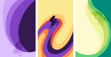 Fototapeta premium vertical abstract backgrounds featuring bicycle riders. Minimalist vector illustrations of a mountain biker, BMX race cyclist, and freestyle rider with colorful curved wave shapes copy space for text
