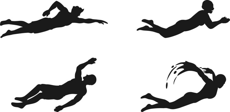 illustration of swimmers performing basic swimming styles. Collection features individual silhouettes for front crawl freestyle, backstroke, breaststroke, and butterfly stroke,