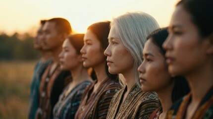 Fototapeta premium Diverse group of people standing in a line looking ahead at sunset in a field
