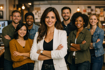 Obraz premium Diverse creative team posing inside modern design studio confident female creative director leading collaborative agency staff warm cinematic lighting realistic business portrait with cheerful mood 