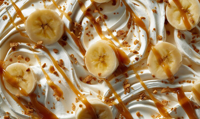 Banoffee pie with banana, cream and caramel closeup
