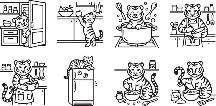 Set of cute tiger characters performing various activities in a kitchen depicted as a simple black and white line illustration