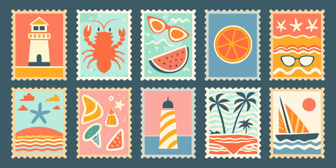 travel stamps collection vintage style illustration with summer themes © MihirKumarMondal