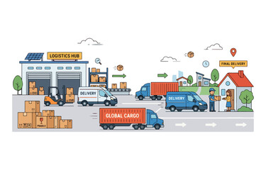 Fototapeta premium Minimal warehouse and delivery vector illustration, courier boxes and transport elements, simple flat design, clean modern composition, plain background, business logistics concept