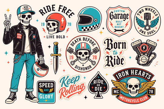 A vibrant collection of retro motorcycle-themed illustrations and badges, featuring a biker skeleton, helmets, engines, skulls, and various vintage slogans for motorcycle clubs and enthusiasts.