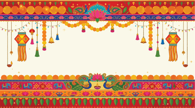 Vibrant Indian festival decoration with lanterns, flowers, peacocks, and elephants in traditional ornate border