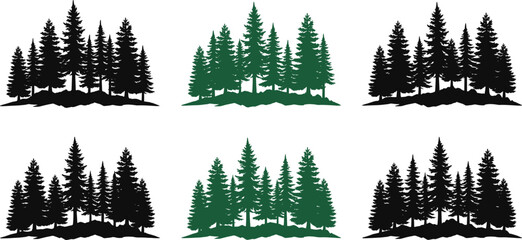 Obraz premium Silhouettes of Evergreen Tree Groups with Green and Black Coniferous Designs for Nature and Landscape Illustration
