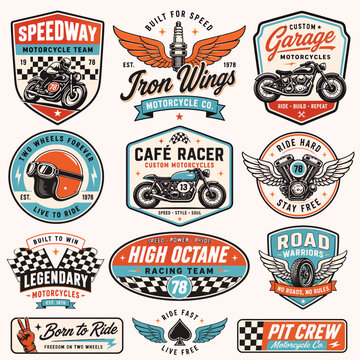 A collection of vintage-style motorcycle club badges and racing team emblems featuring bikes, helmets, engines, and retro typography.