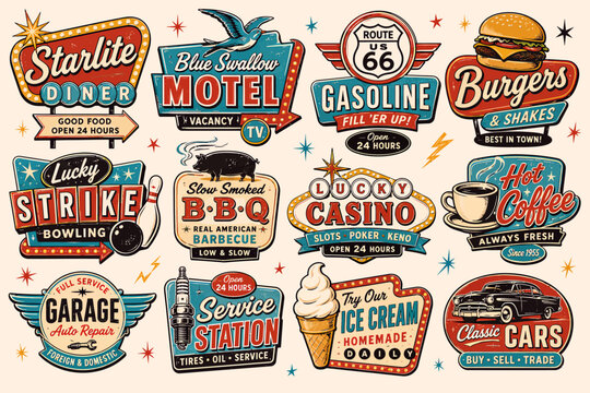 A collection of retro American roadside signs for various businesses like diners, motels, and garages, featuring a vintage distressed aesthetic.