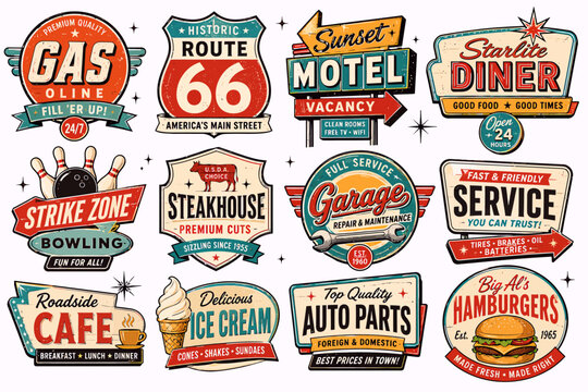A collection of retro American roadside signs featuring vintage gas stations, motels, diners, bowling alleys, steakhouses, garages, cafes, and auto parts businesses.