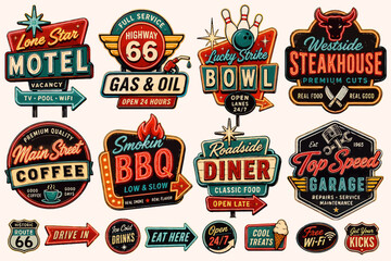 Naklejka premium A collection of retro vintage American roadside signs for various businesses like motels, diners, gas stations, and steakhouses, featuring classic distressed textures and vibrant colors.
