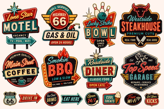 A collection of retro vintage American roadside signs for various businesses like motels, diners, gas stations, and steakhouses, featuring classic distressed textures and vibrant colors.