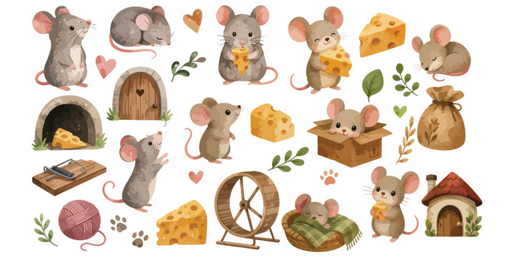 watercolor cute mouse cheese collection