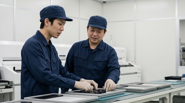 製造業の工場で電子部品の点検とOJTを通じた若手育成を行う日本人男性作業員