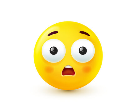 3d shocked emoji with big eyes and open mouth, vector realistic yellow face character for surprise and amazement emotion