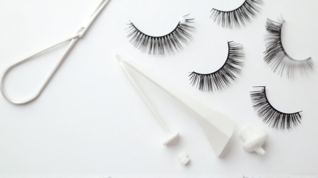 Close-up of individual false eyelashes, tweezers, and loose lash strands arranged on a clean white surface with soft lighting.