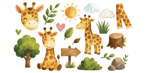 Watercolor Cute Giraffe Clipart Collection: African Safari Wildlife Set © dian's