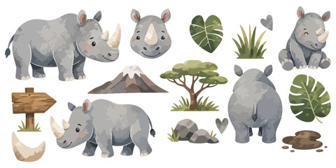 Watercolor Cute Rhinoceros Clipart Collection: African Safari Wildlife Set © dian's