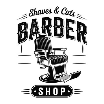 Vintage barber shop chair logo with shaves and cuts text