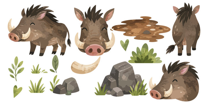watercolor cute warthog wild boar collection