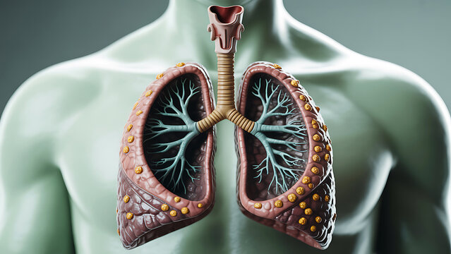 Human torso with detailed lungs and trachea on display