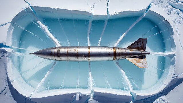 A missile crashes through a shattered glass wall into a blue pool.